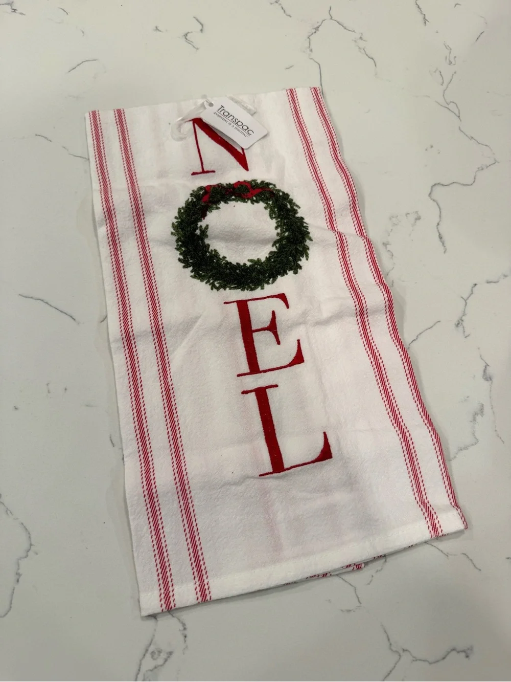 Christmas Wreath tea towel with red embroidered 